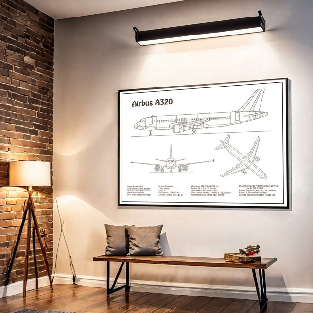 Poster Airbus A320 - Dessins de plans de l'avion BD (Airbus A320 - Airplane Blueprint Drawing Plans BD. Poster)