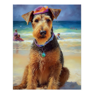 Poster Airedale sur la plage, cadeau d'été pour les amour