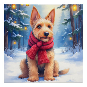 Poster Airedale Terrier aquarelle Noël enneigé