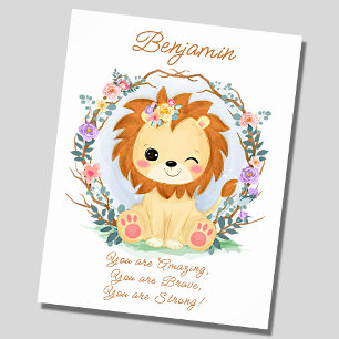 Poster Ajouter le nom Texte, Lion bébé et Fleurs Pépinièr