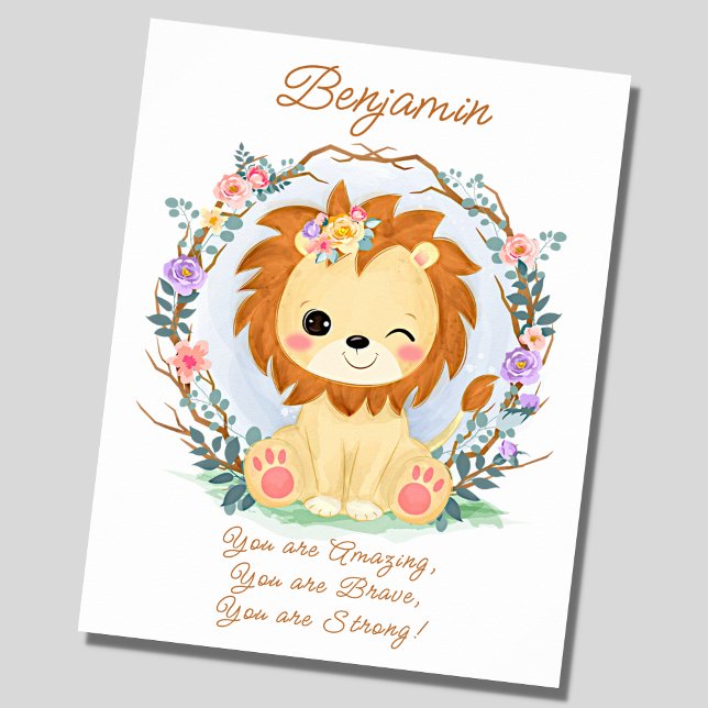 Poster Ajouter le nom Texte, Lion bébé et Fleurs Pépinièr (Créateur téléchargé)