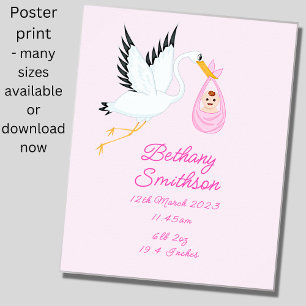 Poster Ajouter un nom - Détails de naissance Stork Pink B