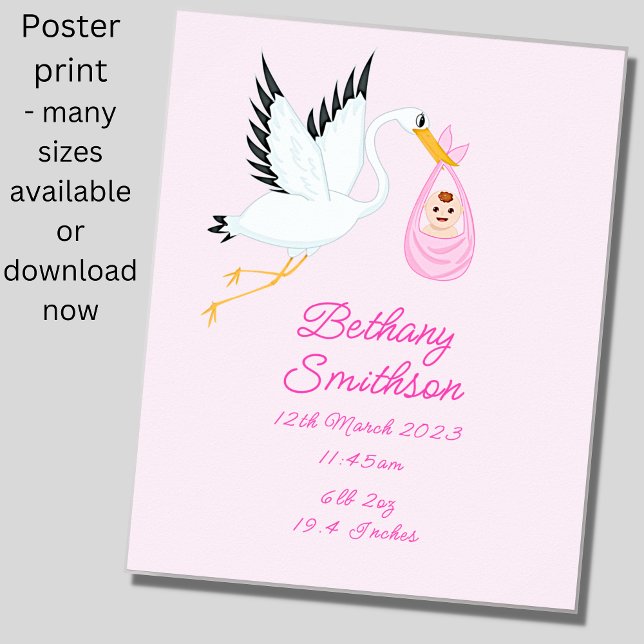 Poster Ajouter un nom - Détails de naissance Stork Pink B (Créateur téléchargé)