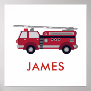 Poster Ajouter votre nom Red Fire truck Personnalisé