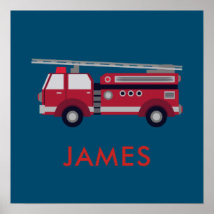 Poster Ajouter votre nom Red Fire truck Personnalisé