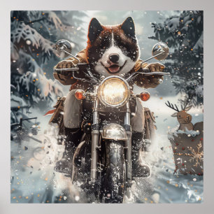 Poster Akita Américain à Moto Noël