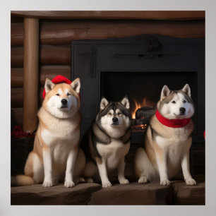 Poster Akita au coin du feu de Noël