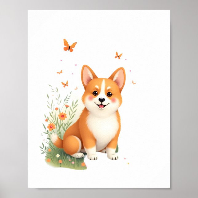 Poster Akita Chien avec Fleur et T-shirt Papillon (Devant)