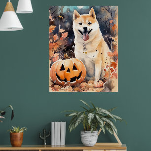Poster Akita d'Halloween avec citrouilles effrayant