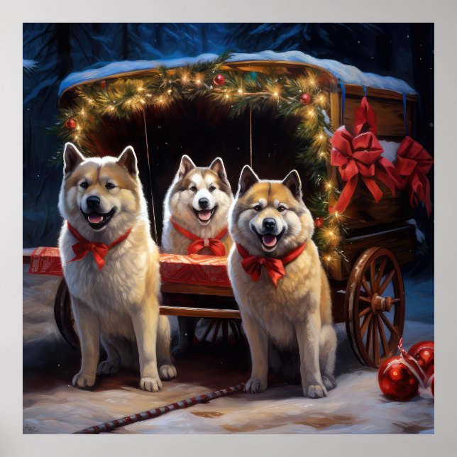 Poster Akita Snowy Sleigh Ride Décor de Noël (Devant)