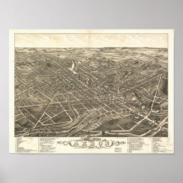 Poster Akron Ohio 1882 Carte panoramique antique (Devant)