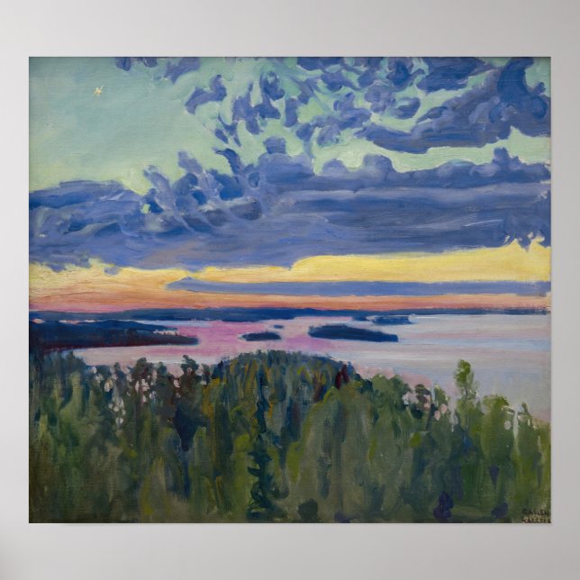 Poster Akseli Gallen-Kallela - Vue sur un lac au coucher  (Devant)