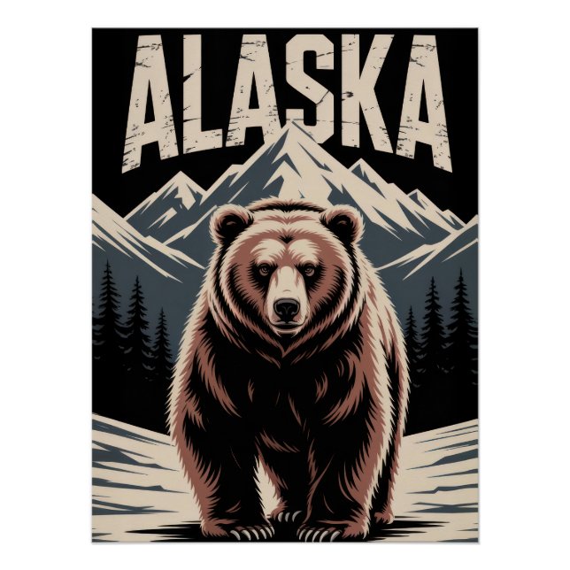 Poster Alaska Grizzly Bear & Snowy Mountains - Rustic (Devant)