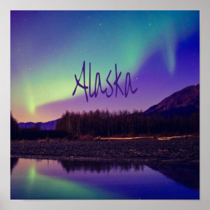 Poster Alaska Northern Lights Mountains Lake