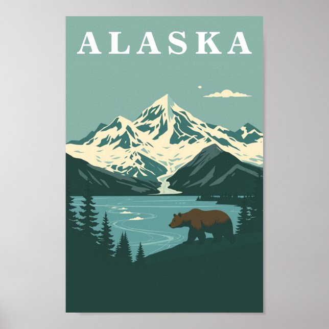 Poster Alaska Retro Travel Grizzly Bear (Devant)
