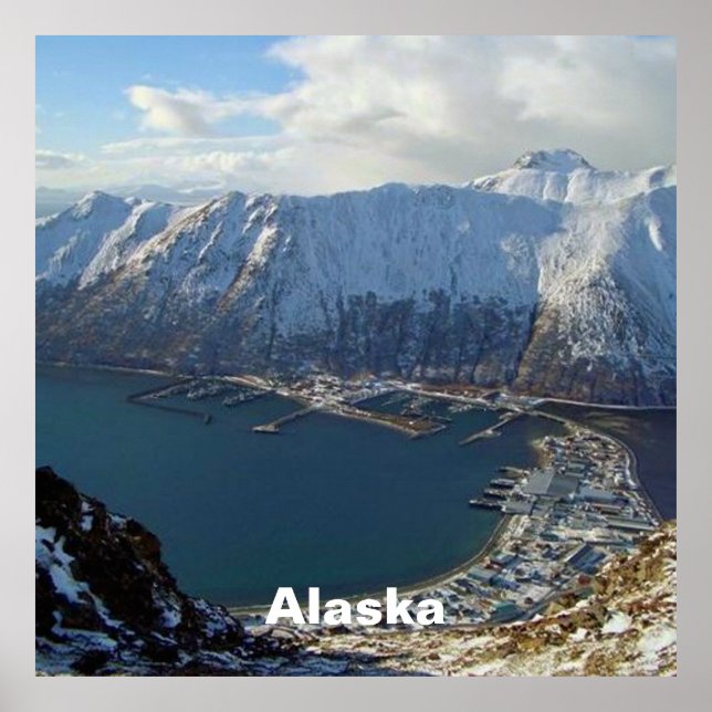 Poster Alaskan Mountain Range et ville en dessous (Devant)
