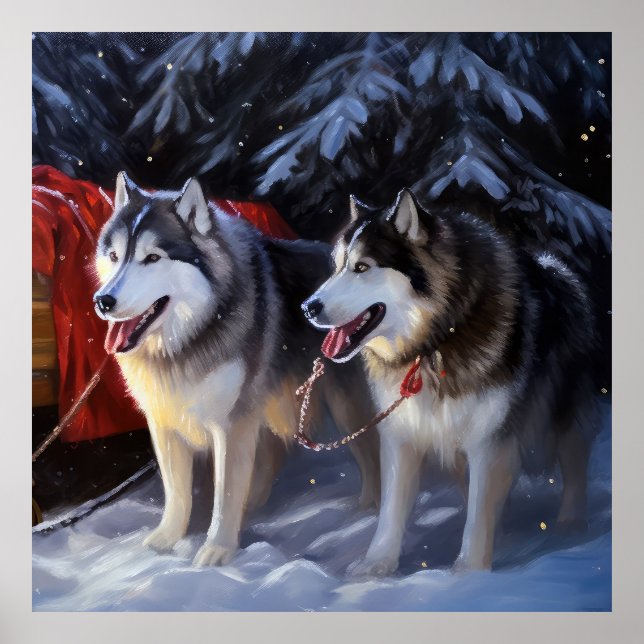 Poster Alaskien Malamute Snowy Sleigh Ride Noël (Devant)