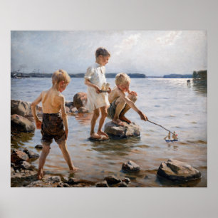 Poster Albert Edelfeue - Les garçons jouent sur le rivage
