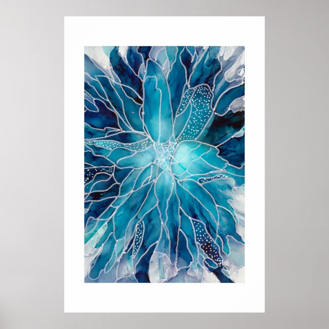 Poster - Alcohol Ink Art Blue White Flower (Front)
