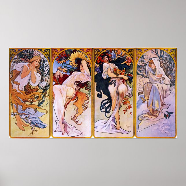 Poster Alfons Mucha Art Nouveau Four Seasons Peinture (Devant)