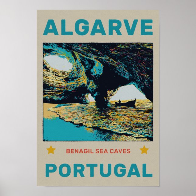 Poster Algarve Benagil grotte plage Portugal voyage vinta (Devant)