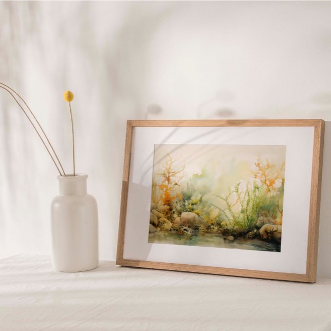 Poster Algues Kelp Garden Aquarelle Imprimer (Captivating watercolor print portraying vibrant seaweed and kelp gardens beneath the sea's surface.)