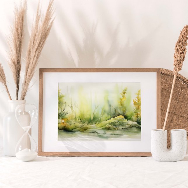 Poster Algues Kelp Garden Aquarelle Imprimer (Watercolor print of a vibrant seaweed and kelp garden beneath the sea's surface.)