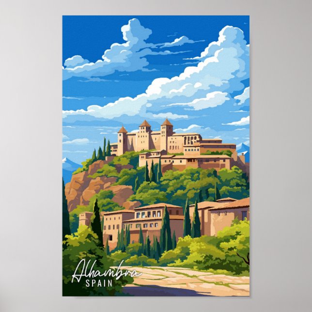 Poster Alhambra Espagne Illustration de voyage Art vintag (Devant)