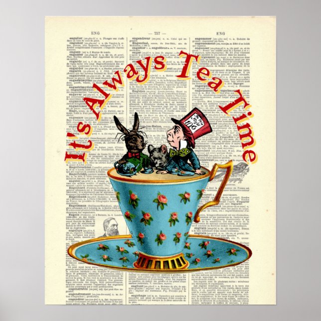 Poster Alice au pays des merveilles Tea Time Old Dictiona (Devant)