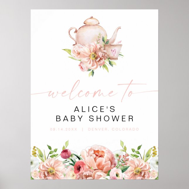 Poster ALICE Blush Floral Baby Tea Party Bienvenue (Devant)