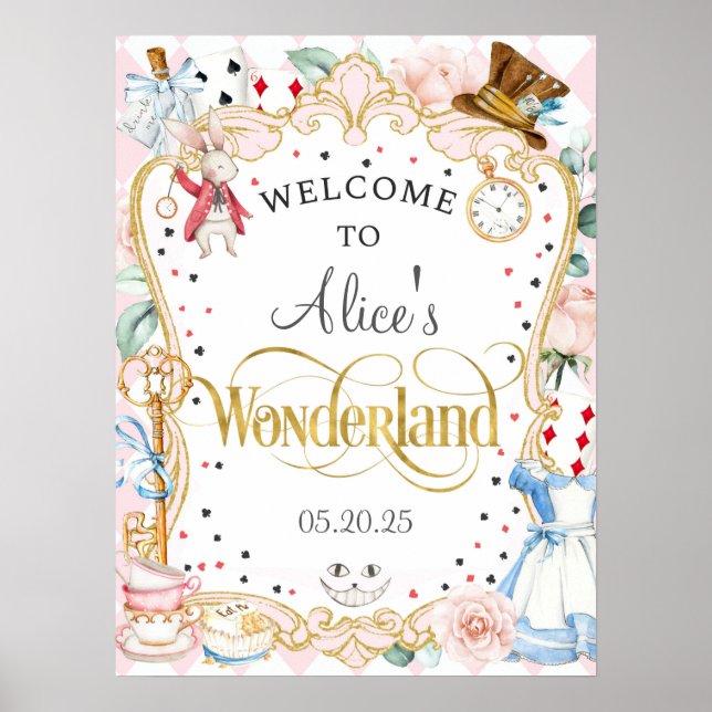 Poster Alice merveilleland fêté de thé fêté signe d'accue (Devant)