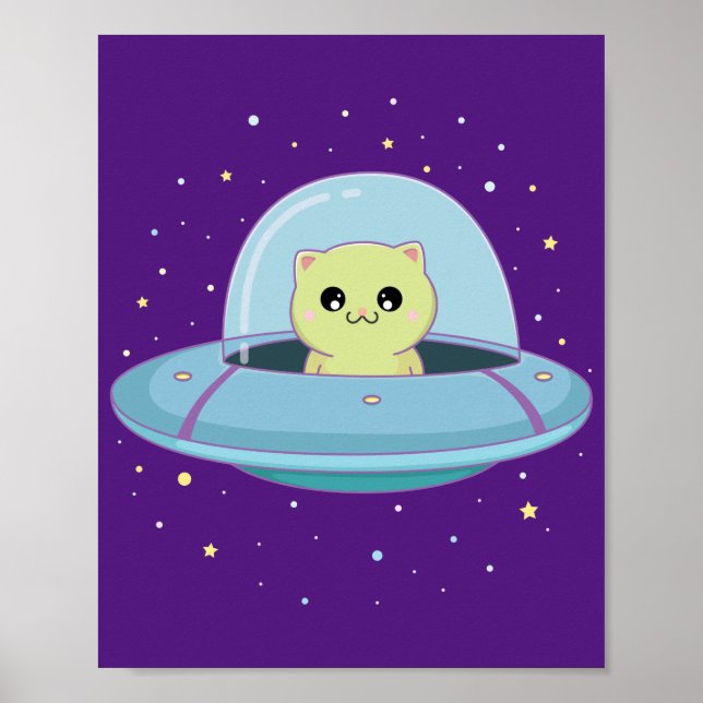 Poster alien chat volant alien soucoupe (Devant)