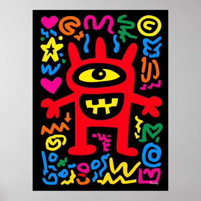 Poster Alien Cyclope Rouge – Art Pop Néon Drôle de Monstr (Devant)
