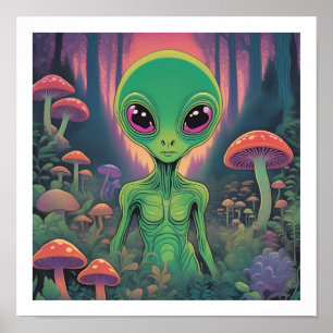Poster Alien dans une forêt de champignons