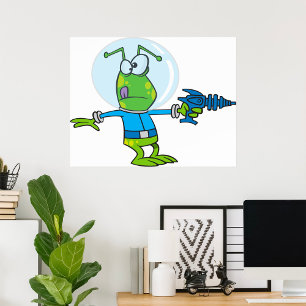 Poster Alien drôle avec Ray Gun Sci-Fi Space Invader