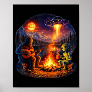 Poster Alien drôle et Bigfoot Feu de camp Lune UFO