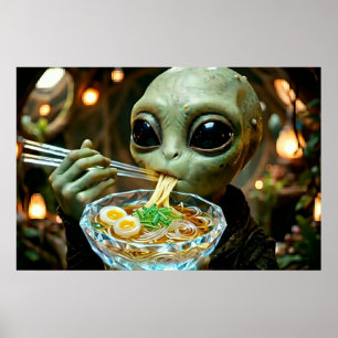 Poster Alien drôle mangeant des nouilles Ramen