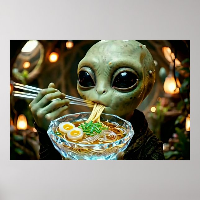 Poster Alien drôle mangeant des nouilles Ramen (Devant)
