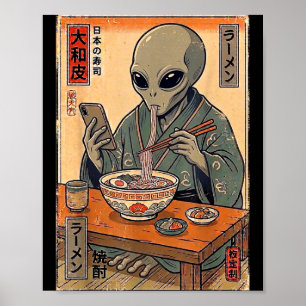 Poster Alien drôle mangeant du ramen rétro hommes femmes