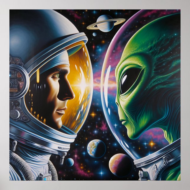 Poster Alien et astronaute dans l'espace (Devant)