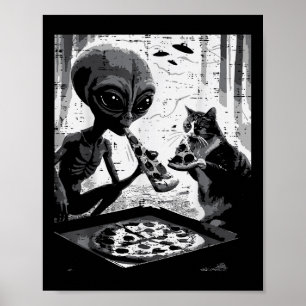 Poster Alien Et Chat Manger Pizza Drôle Snack Food Hommes