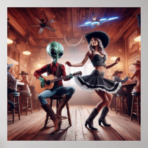 Poster Alien spatial jouant guitare Cowgirl Dancing