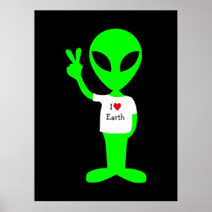 Poster Alien vert "I Love Earth"