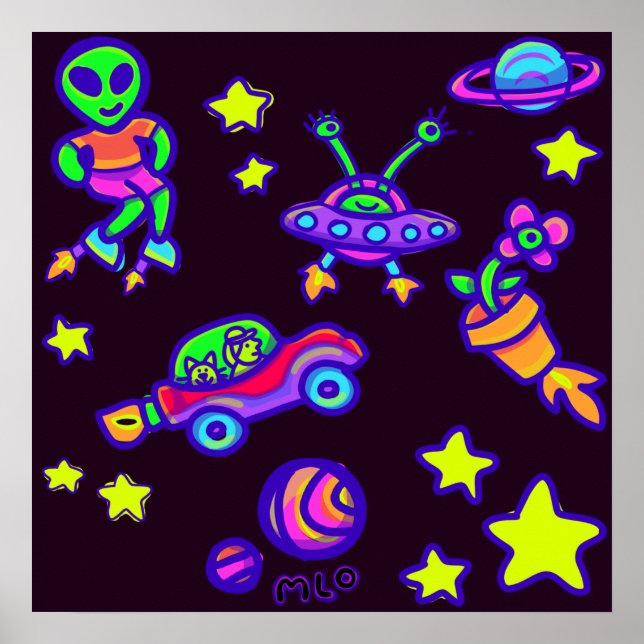 Poster Aliens Étoiles Et Planètes Dans L'espace Art (Devant)