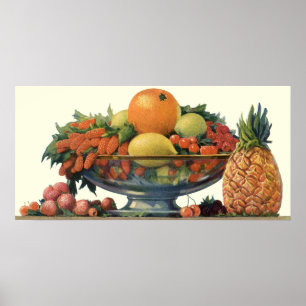 Poster Aliments Anciens, Fruits Assortis dans un Bol