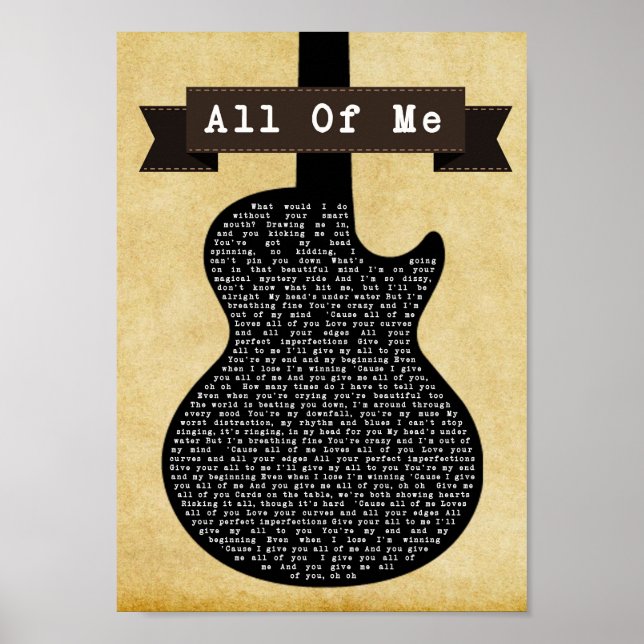 Poster All Me Black Guitar Chanson Lyric Wall Art Imprime (Devant)