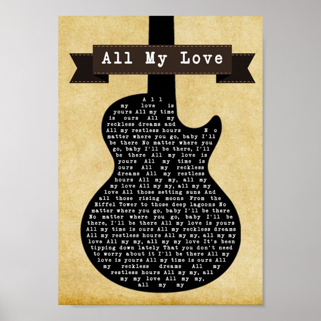 Poster All My Love Black Guitar Chanson Lyric Wall Art Im (Devant)