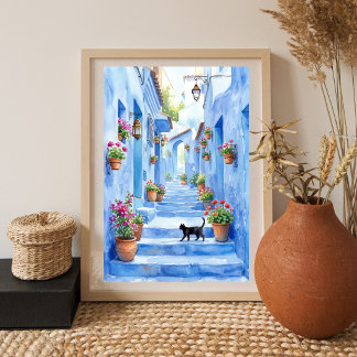 Poster Allée bleue méditerranéenne Art de chat à l'aquare