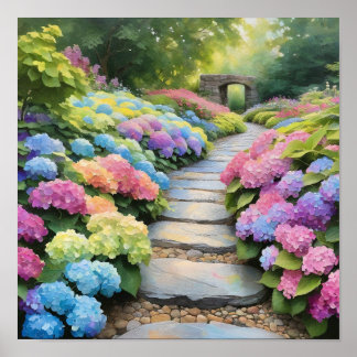 Poster Allée de jardin aux hortensias arc-en-ciel