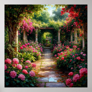 Poster Allée de jardin luxuriante avec rosiers